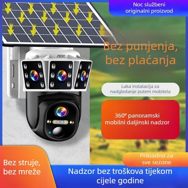 Solarna kamera za nadzor bez kabelskog napajanja, 360° vanjsko pokriće, vodootporna, AI pametne značajke, daljinski pristup putem mobitela, 5G