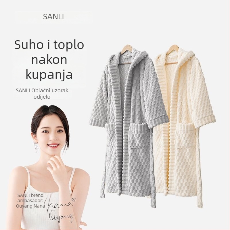 Unisex ogrtač za kupaonicu s kapuljačom od koralnog fleeca, 840 g, topao za jesen-zimu