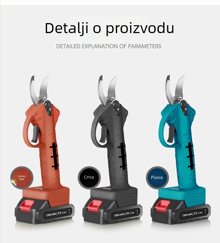 Električne škare za podrezivanje s oštricom od mangan čelika; punjiva litijska baterija; za vrtlarstvo