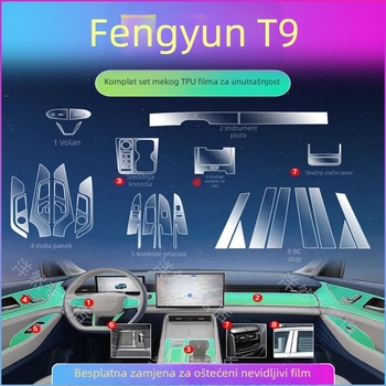 TPU unutarnji zaštitni film za Chery Fengyun T9 — sve-u-jednom oblikovanje; otporan na visoke/niske temperature; otporan na ogrebotine i habanje; protiv otiska prsta; pokriva središnju ploču, navigacijski zaslon, otvore za zrak i tipke na volanu