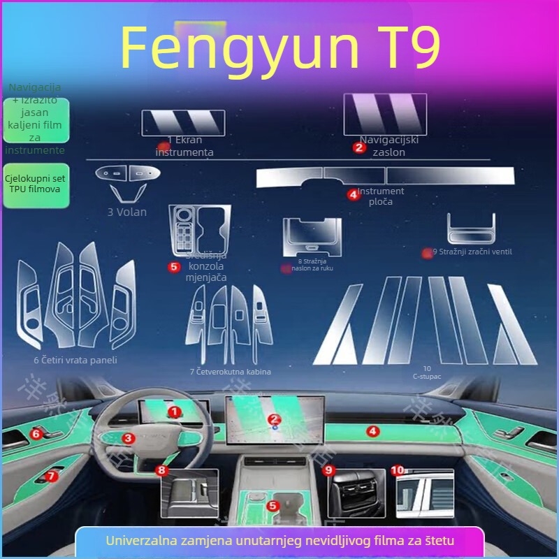 TPU unutarnji zaštitni film za Chery Fengyun T9 — sve-u-jednom oblikovanje; otporan na visoke/niske temperature; otporan na ogrebotine i habanje; protiv otiska prsta; pokriva središnju ploču, navigacijski zaslon, otvore za zrak i tipke na volanu