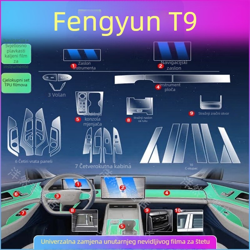 TPU unutarnji zaštitni film za Chery Fengyun T9 — sve-u-jednom oblikovanje; otporan na visoke/niske temperature; otporan na ogrebotine i habanje; protiv otiska prsta; pokriva središnju ploču, navigacijski zaslon, otvore za zrak i tipke na volanu