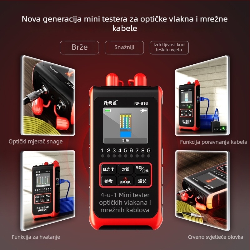 NF-916 Optički mjerač snage i detektor, mini četvero-u-jednom uređaj za vlakna, s tražilicom linije; Opseg mjerenja -60 do +8 dBm, Točnost ±0,3 dB, Za testiranje optičkih vlakana