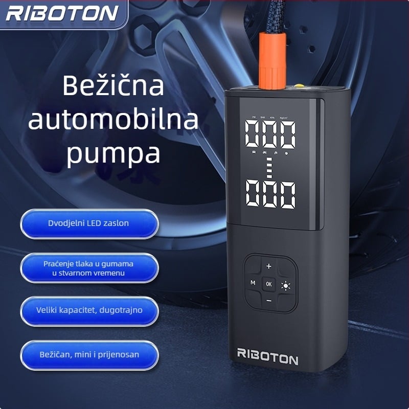 Prijenosna bežična električna pumpa za zrak s manometrom; dvostruki cilindar, 120W, 5V/3A, protok zraka 25 L/min, LED svjetlo
