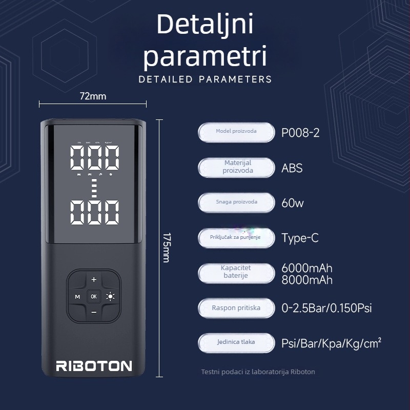 Prijenosna bežična električna pumpa za zrak s manometrom; dvostruki cilindar, 120W, 5V/3A, protok zraka 25 L/min, LED svjetlo