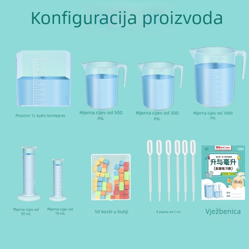 Didaktički pomagala iz matematike: plastična mjerna čašica za volumen i kapacitet, set za 4. razred, demonstracije eksperimenta, 1 kutija s 48 setova