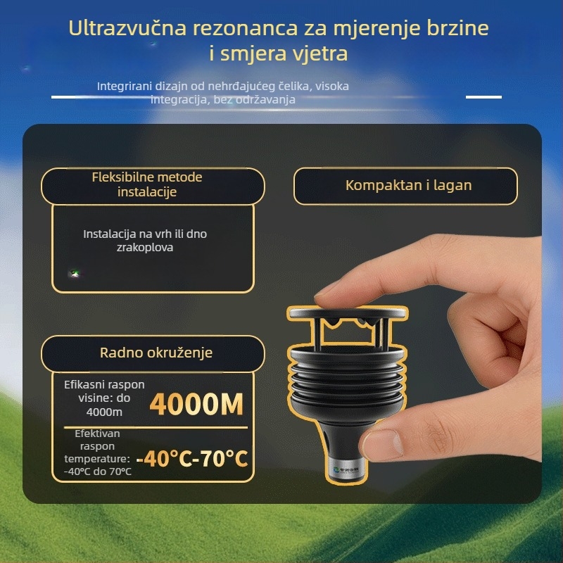 Ultrazvučna mikro vremenska stanica za dronove — brzina i smjer vjetra, temperatura, vlažnost, kiša; 9–30V, 1 kg, model ZC-