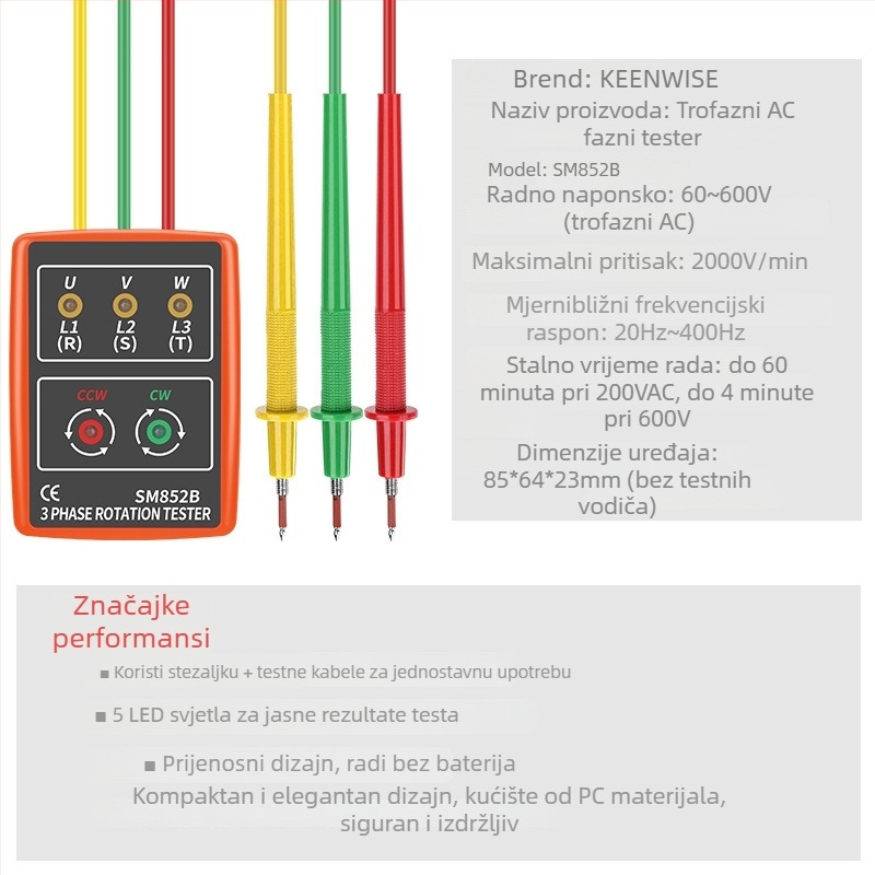 AC fazni mjerač i tester sekvence faza za trofazni sustav, 600 V, model SP852B