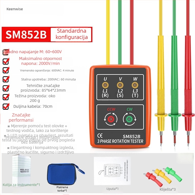 AC fazni mjerač i tester sekvence faza za trofazni sustav, 600 V, model SP852B
