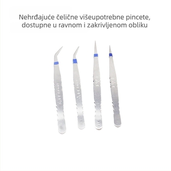 Pinzete od nehrđajućeg čelika, višestruke namjene, ravne i zakrivljene vrhove, za šivanje i provlačenje konca — minimalistički dizajn.