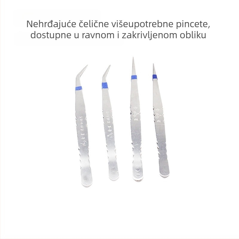 Pinzete od nehrđajućeg čelika, višestruke namjene, ravne i zakrivljene vrhove, za šivanje i provlačenje konca — minimalistički dizajn.