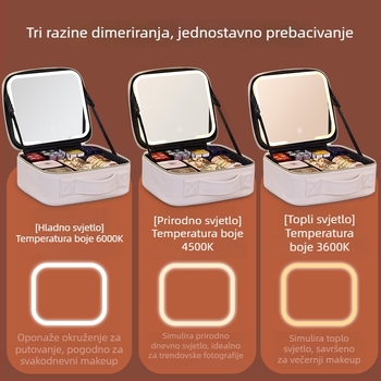 LED kozmetička torbica kubičnog oblika s ugrađenim ogledalom, PU umjetna koža, pregrade za organizaciju za putovanja
