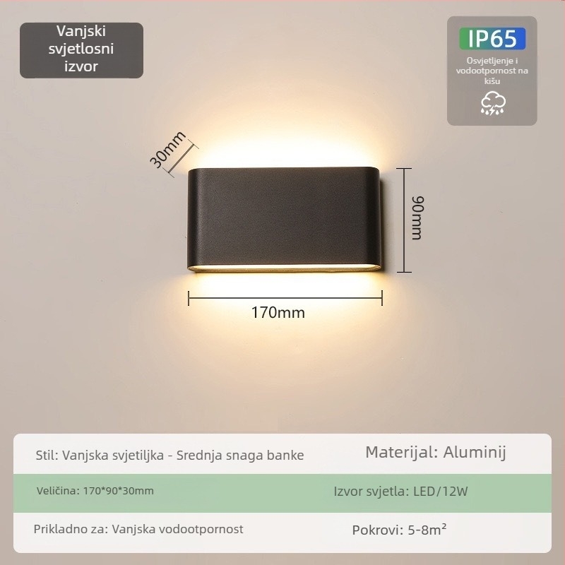 Vanjska vodootporna zidna lampa – ultra tanka, IP65, 110-275V, 15 LED, 3000K, CRI 90
