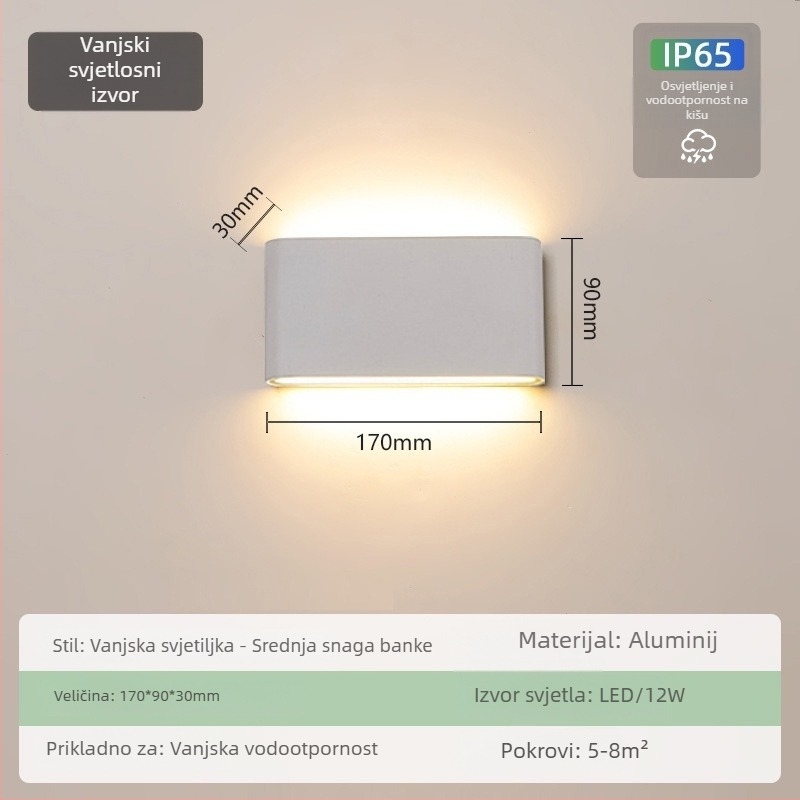 Vanjska vodootporna zidna lampa – ultra tanka, IP65, 110-275V, 15 LED, 3000K, CRI 90