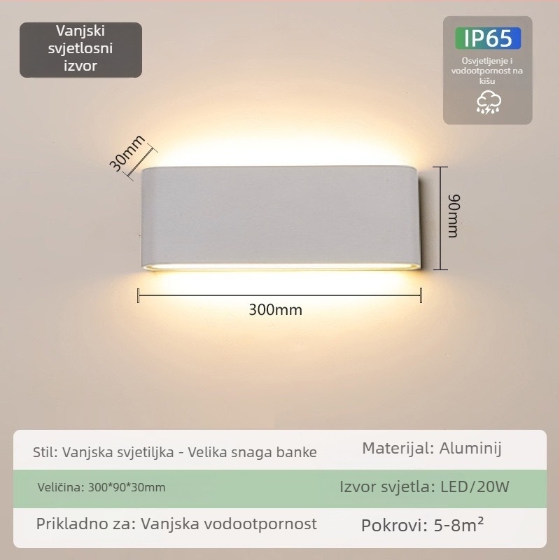Vanjska vodootporna zidna lampa – ultra tanka, IP65, 110-275V, 15 LED, 3000K, CRI 90