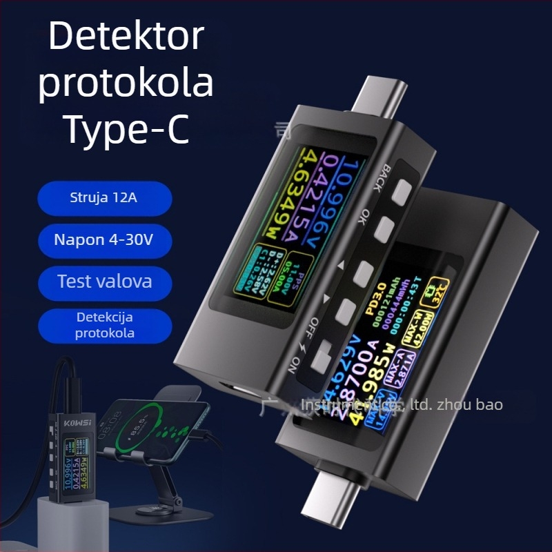 Type-C protokol detektor, mjerač struje i napona za podatkovni kabel, test protokola brzog punjenja, mjerač snage
