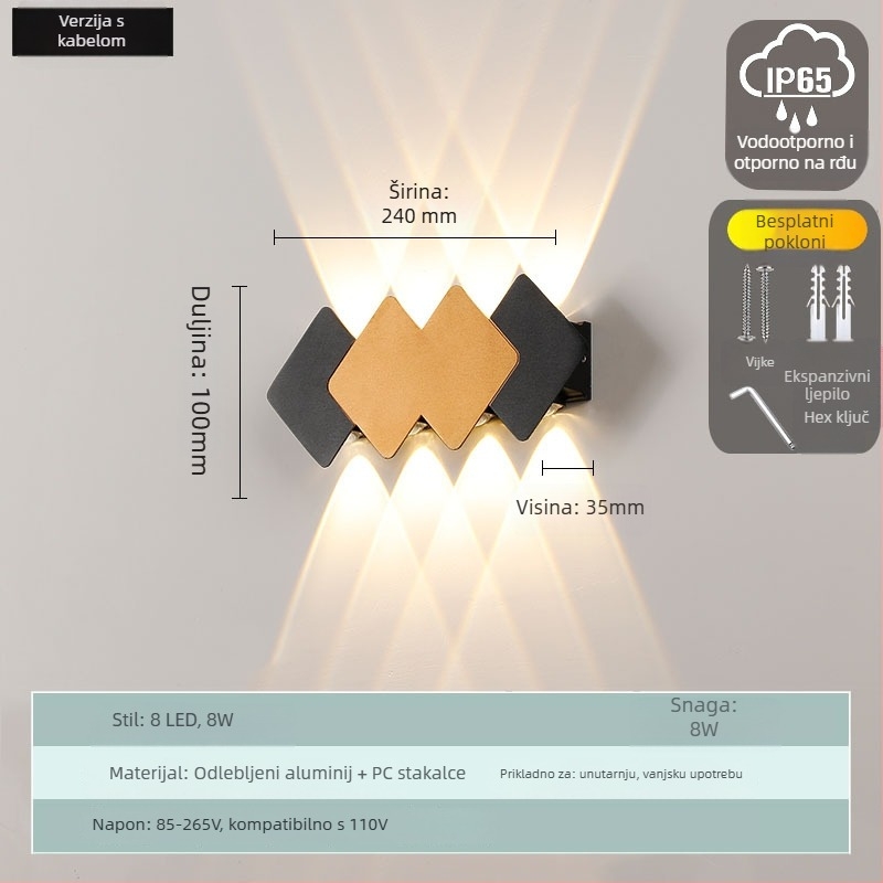 LED vanjska vodootporna dvostruka glavna zidna svjetiljka, modernog stila za dvorište i terasu – 10 LED, 85–265V, 3000K, kut snopa 120°, IP65