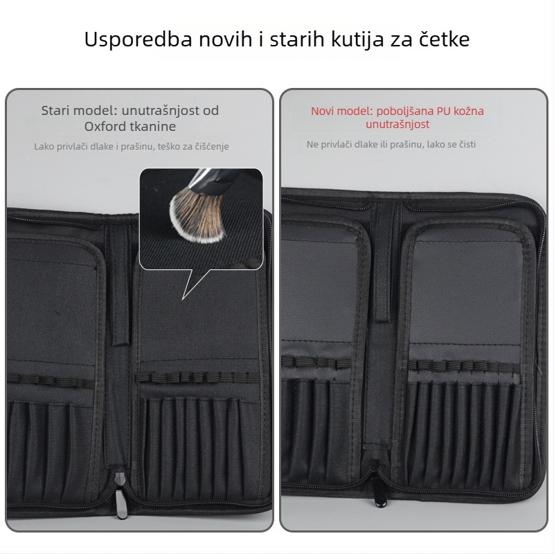 Kozmetička torbica sa uspravnim prikazom četkica, prijenosna i sklopiva, kapaciteta 15 setova četkica