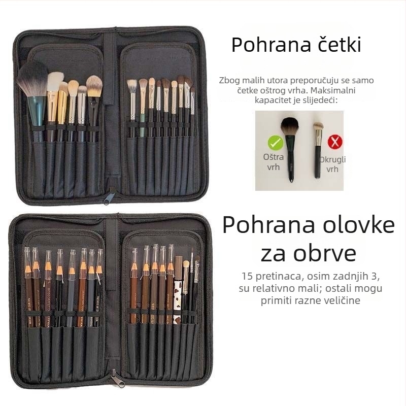Kozmetička torbica sa uspravnim prikazom četkica, prijenosna i sklopiva, kapaciteta 15 setova četkica