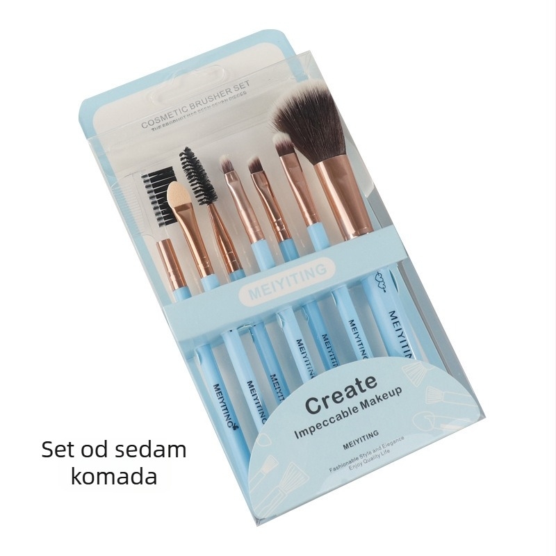 Set od 7 četkica za šminku – najlon dlačice, plastične drške, duga ručka, pakirano u kutiji