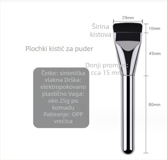 Četkica za fondaciju s ultra-tankom ravnom glavom, sintetička vlakna od najlona, metalna drška, 1 komad, prenosno