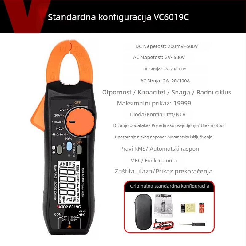 VC6019C kleštni ampermetar AC/DC, zaštita od preopterećenja, True RMS, multimetar