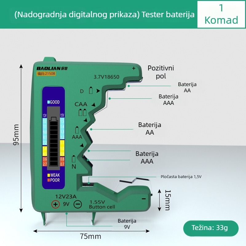 Mjerač kapaciteta baterije s digitalnim zaslonom, univerzalna kompatibilnost baterija