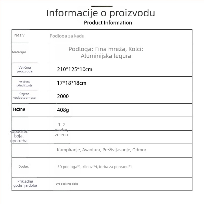 Oxford platno za kampiranje — otporan na vlagu, 3D dizajn, dodatno debela anti-slip podna prostirka, 210 × 120 cm, pogodno za 4–6 osoba