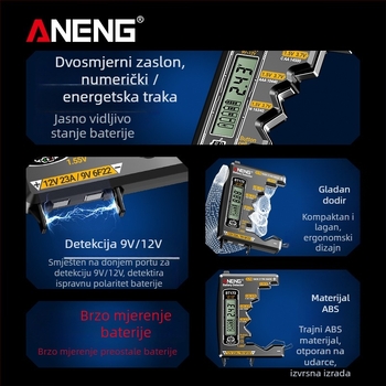 Aneng tester baterija - visoka preciznost, prikaz preostale napunjenosti, mjerenje napona baterije (visoka preciznost; prikaz preostale napunjenosti; mjerenje napona baterije)