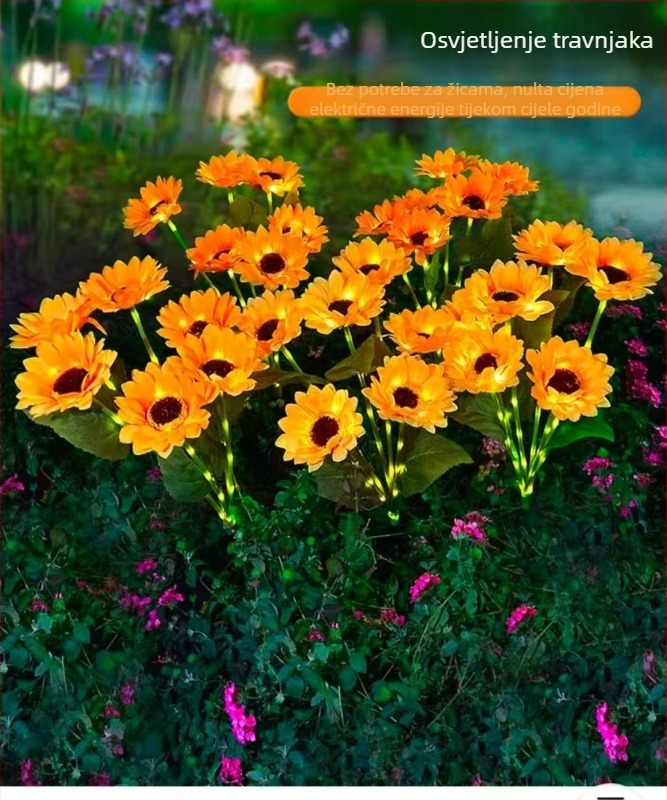 Solarna vanjska dvorna svjetiljka s dizajnom suncokreta za dvorište | LED svjetlo | Materijali: Juan tkanina + ABS + nehrđajući čelik | IP65 otpornost | EU CE certifikacija | Mogućnost prilagodbe