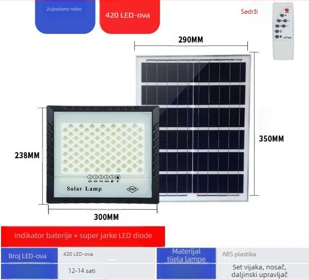 Solarni vanjski floodlight – SMD2835 LED, 100W, IP65, 12–16h rada, vijek 50 000h