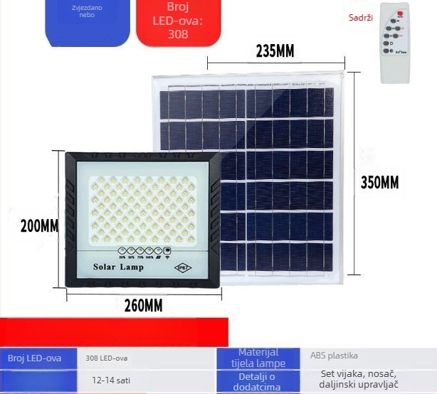 Solarni vanjski floodlight – SMD2835 LED, 100W, IP65, 12–16h rada, vijek 50 000h