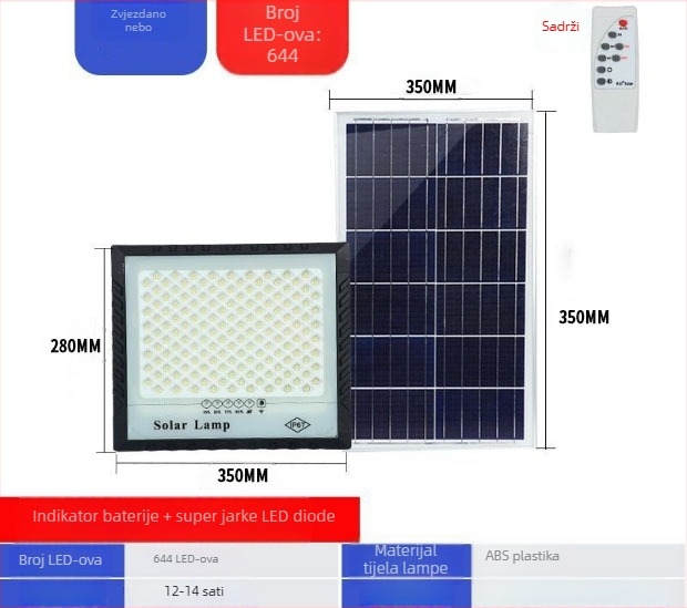 Solarni vanjski floodlight – SMD2835 LED, 100W, IP65, 12–16h rada, vijek 50 000h
