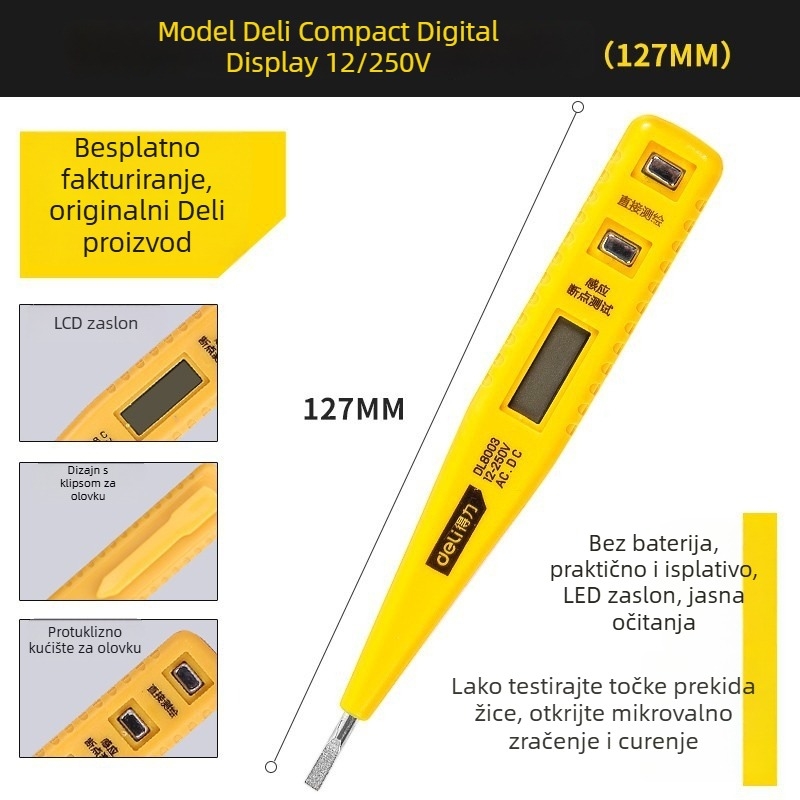 Deli olovka za provjeru napona s digitalnim zaslonom, raspon 12-250V, DL8003