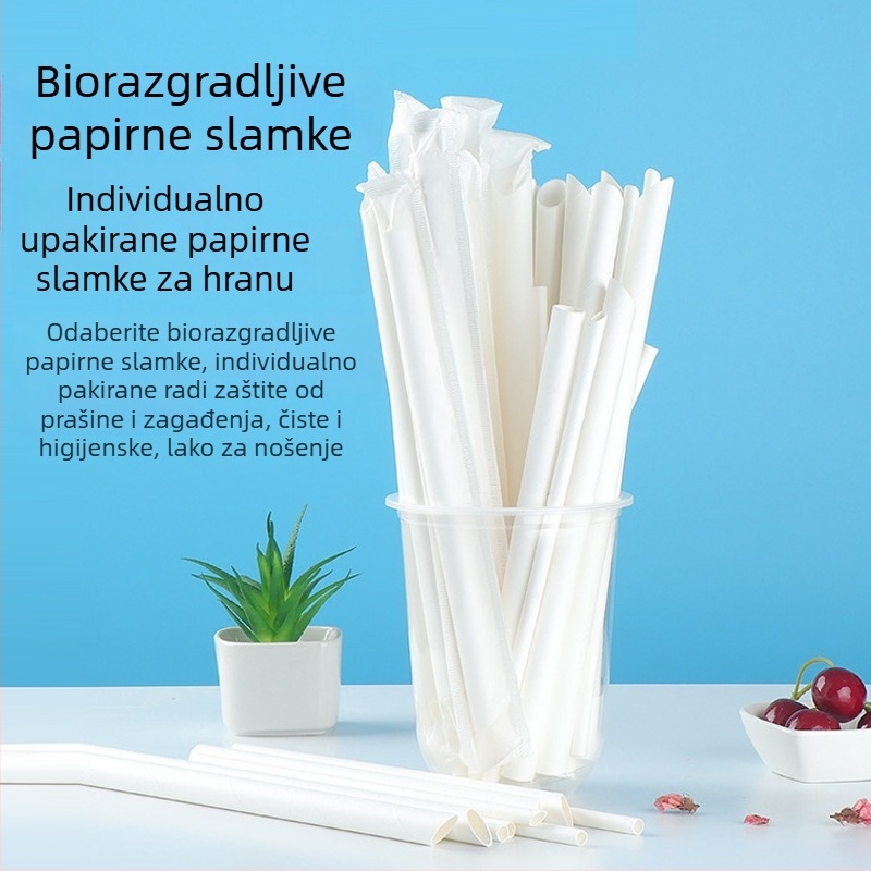 PLA biološki razgradive papirnate slamke - zakrivljeni cijevasti oblik, pojedinačno zapakirane, za mliječni čaj, za djecu i kućnu uporabu