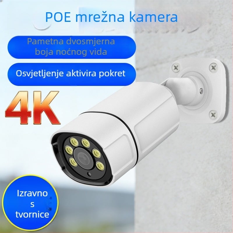 Žičana POE kamera, 8MP 4K, noćni pogled u boji s dvostrukim izvorom svjetla, objektiv 3,6 mm, IR domet 0–20 m