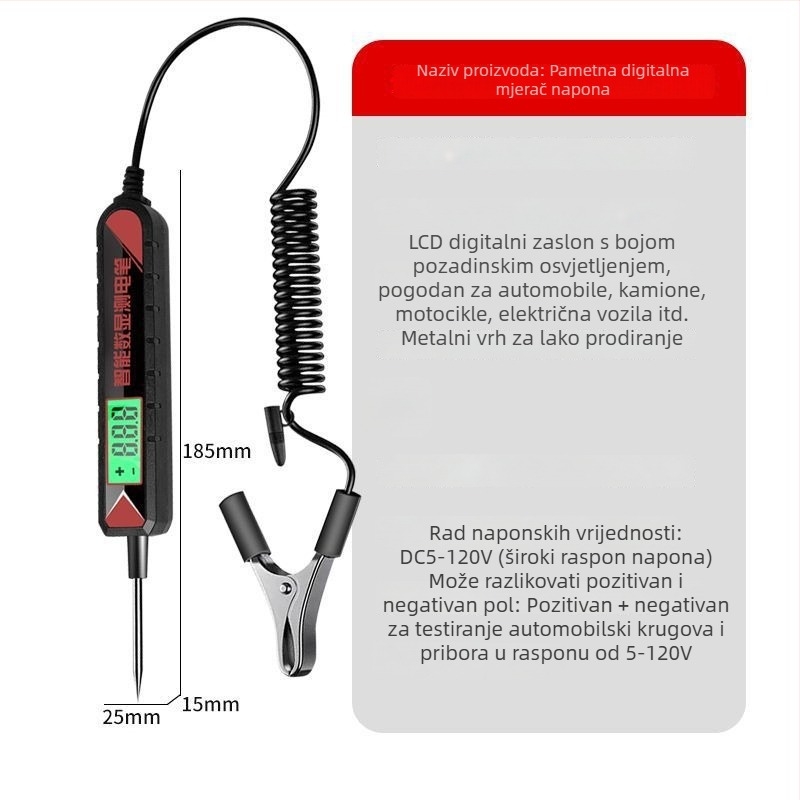Automobilski mjerni alat za napajanje s LED indikatorom i digitalnim zaslonom, 12V/24V/70V, za auto popravke i ispitivanje električnih krugova i osigurača