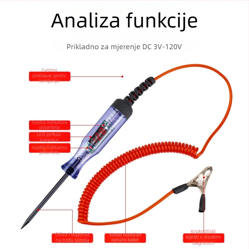 Automobilsko LED testno pero s digitalnim zaslonom — mjerenje napona 5V/12V/24V/80V/120V i testiranje krugova i osigurača
