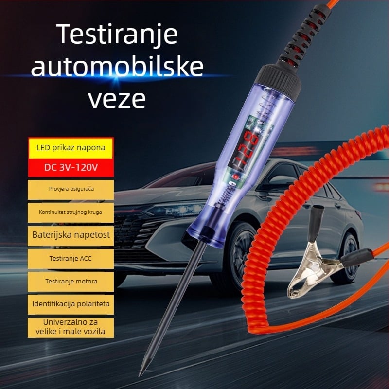 Automobilsko LED testno pero s digitalnim zaslonom — mjerenje napona 5V/12V/24V/80V/120V i testiranje krugova i osigurača