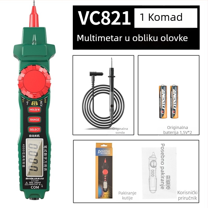 Multimetar tip olovke s HD zaslonom, zaštita od pregrijavanja, senzor prekida za električare