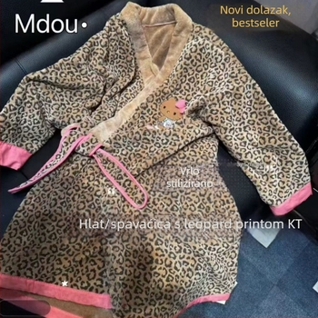 Ogrtač za kupanje s leopard printom od coral fleecea, debeo i topao zimi, za žene, 85% poliester