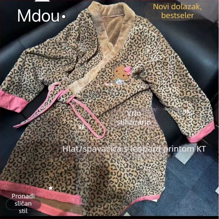 Ogrtač za kupanje s leopard printom od coral fleecea, debeo i topao zimi, za žene, 85% poliester