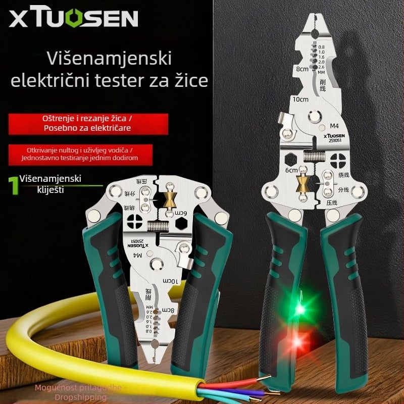 Xtuosen Električne kliješta za skidanje izolacije – Multifunkcionalni alat za električare, s električnim testiranjem, oštri vrh, 0,22 kg, Model 251051