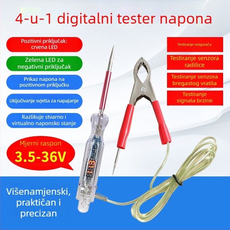 Testna olovka za napon s LED lampom, digitalni prikaz, četiri u jednom, auto-dijagnostika, raspon 3-48V, 1 kom, oko 30 g