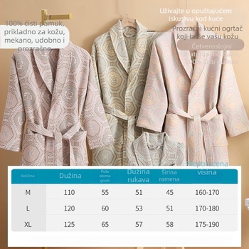 Nova 100% pamuk ogrtač za kupaonicu, dugačak, jesensko-zimski, s četiri sloja gaze, upijajući, unisex
