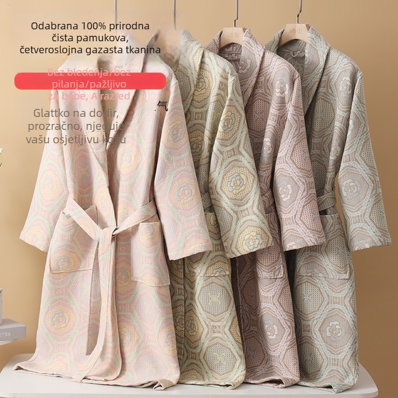Nova 100% pamuk ogrtač za kupaonicu, dugačak, jesensko-zimski, s četiri sloja gaze, upijajući, unisex