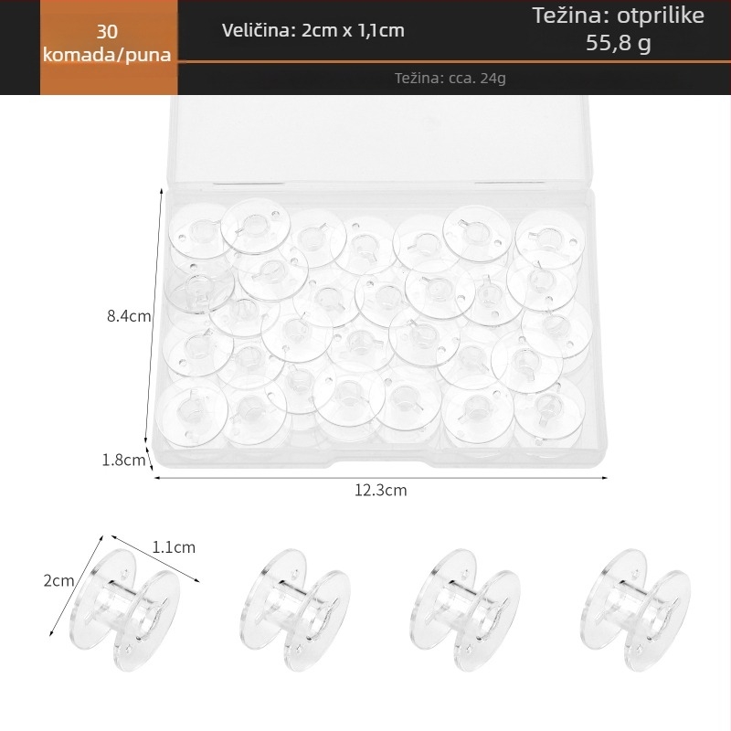 Set bobina za šivaći stroj, 25 prozirnih plastičnih bobina, univerzalna kompatibilnost, model 2518P
