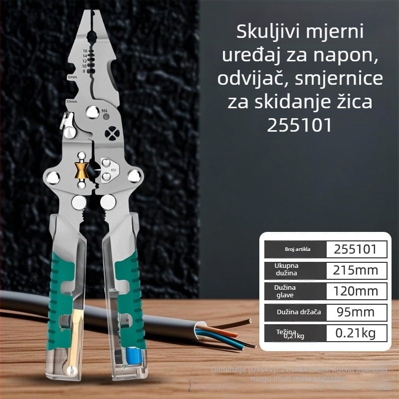 Sklopivi električarski višenamjenski alat: tester napona, odvijač, kliješta za skidanje izolacije i za navijanje kablova