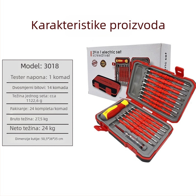 Hezhou 29-u-1 izolirani set odvijača za električare, križna glava, CR-V čelik, magnetski, držač PP+TPR, težina 1.035