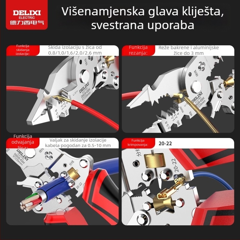 Delixi sklopni alat za skidanje izolacije kablova, rezanje, navijanje i krimpanje – za kućnu upotrebu, višenamjenski alat za elektrikare